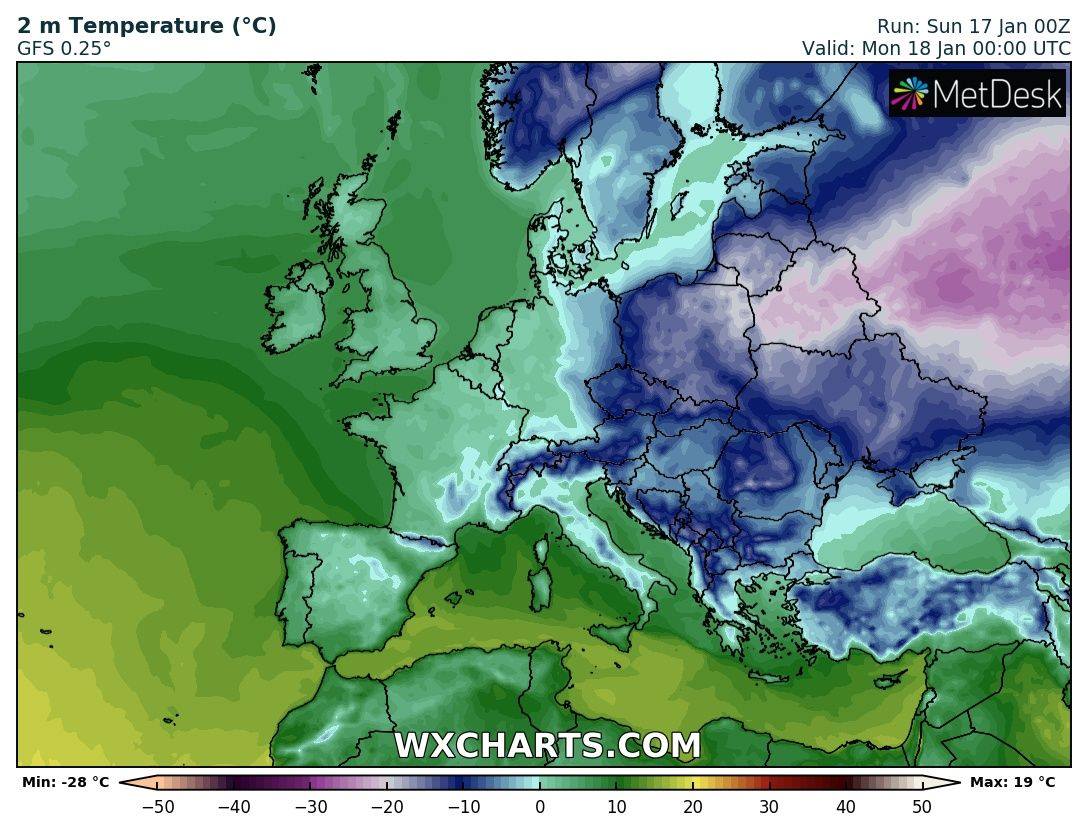 Тепла погода завтра очікується лише в Західній Європі. Карта.