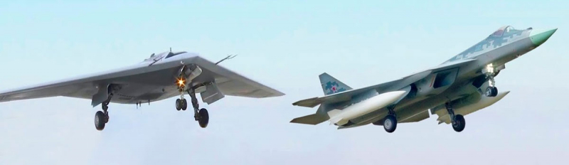 Прототип безпілотника С-70 і винищувач Су-57 на спільному польоті (ймовірно, фотомонтаж)