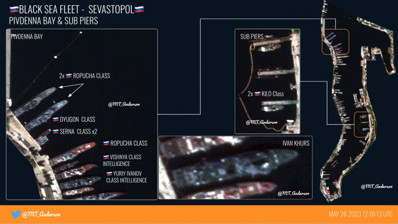 Рашистські кораблі, зокрема "Иван Хурс" в Південній бухті тимчасово окупованого Севастополя, 26 травня 2023 року, джерело – MT Anderson