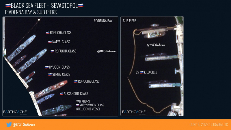 Акваторія тимчасово окупованого Севастополя станом на 15 червня 2023 року, джерело - MT_Anderson