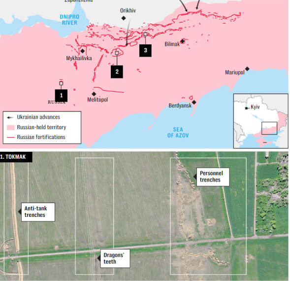 Система укріплень окупантів, зображення наводить The Telegraph з посиланням на Maxar Technologies
