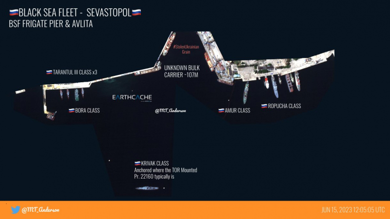 Акваторія тимчасово окупованого Севастополя станом на 15 червня 2023 року, джерело - MT_Anderson
