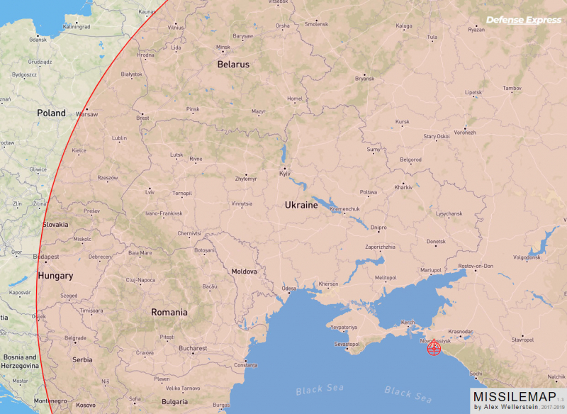 Дальність крилатої ракети "Калибр" ,у випадку 1500 км, під час пуску з району Новоросійська