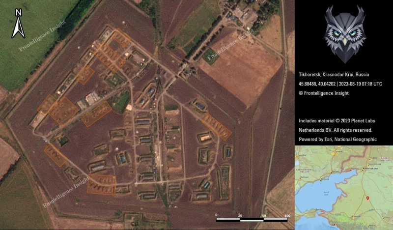 719-база артилерійського озброєння армії РФ станом на 19 серпня 2023 року, оранжевим виділено зони із снарядами від Північної Кореї, зображення - Frontelligence Insight