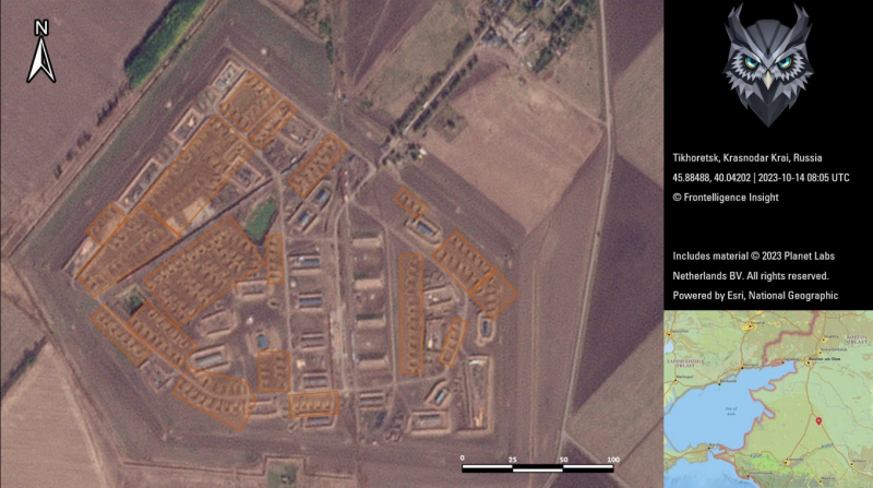 719-база артилерійського озброєння армії РФ станом на 14 жовтня 2023 року, оранжевим виділено зони із снарядами від Північної Кореї, зображення - Frontelligence Insight