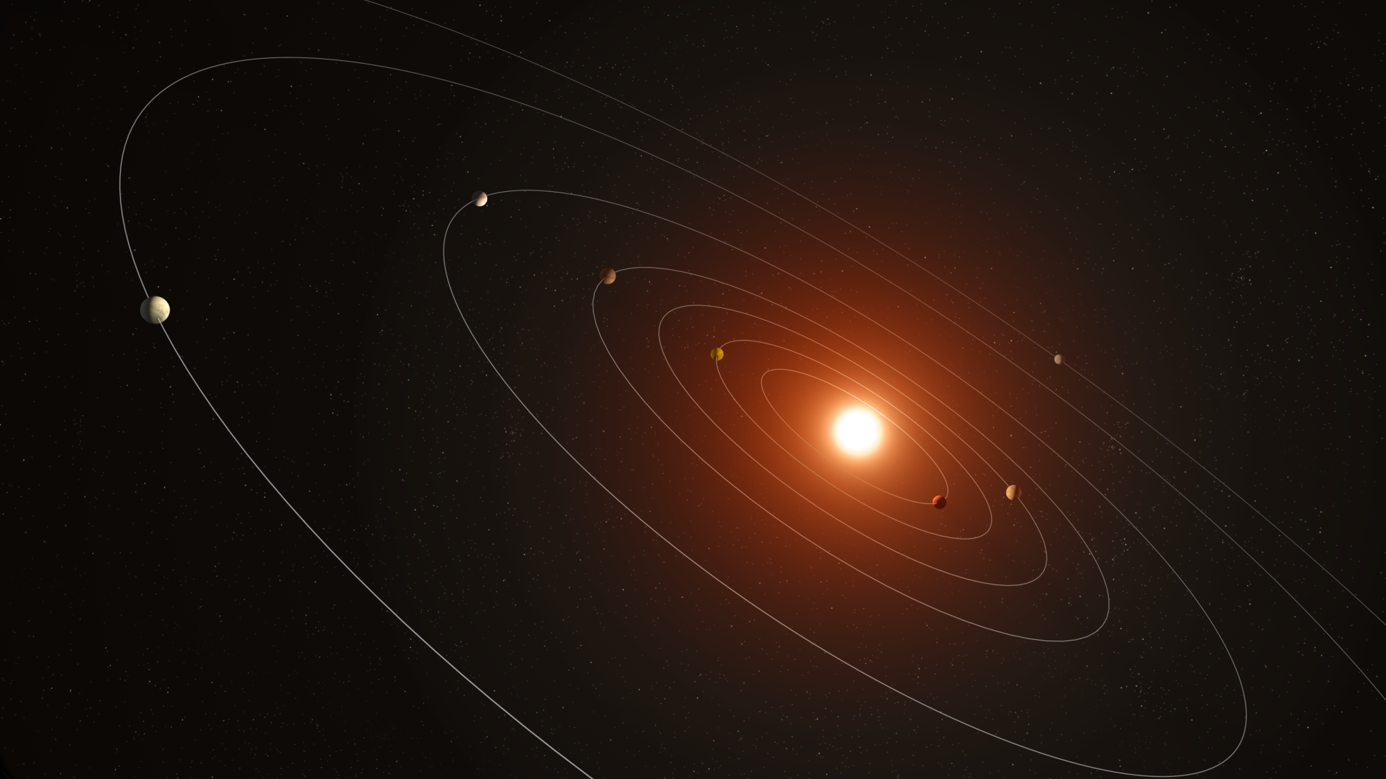 Концепція художника Kepler-385, системи із семи планет, розкрита в новому каталозі планет-кандидатів, відкритих космічним телескопом NASA Kepler. НАСА/Деніел Раттер