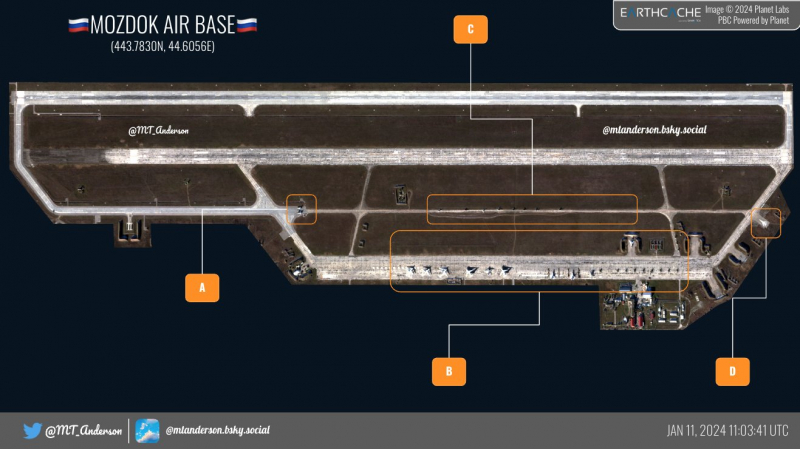 Аеродром "Моздок" станом на 11 січня 2024 року, літерою "А" позначена стоянка МиГ-31К, джерело - MT_Anderson
