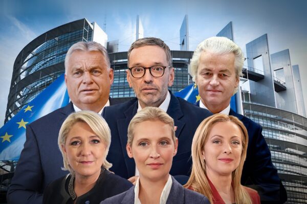 На фото шість найвідоміших європейських політиків правого спрямування: Орбан, Кікль, Вілдерс, Ле Пен, Вейдель, Мелоні.