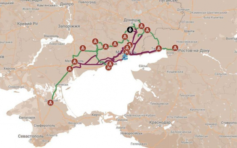 Схема від "Центру журналістських розслідувань", де зеленим позначено вже наявні залізниці, фіолетовим - маршрути, які зараз можуть прокладати російські окупанти