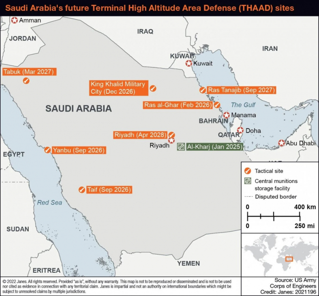 Орієнтовна карта будівництва майбутніх об'єктів інфраструктури під розміщення систем THAAD у Саудівській Аравії, зображення - Janes