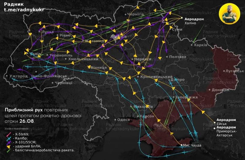 Ілюстративні дані щодо маршрутів російських ракет та дронів під час атаки 26 серпня