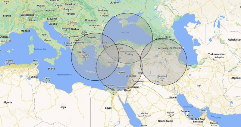 Гіпотетична зона покриття для турецької балістичної ракети Tayfun, зображення з відкритих джерел