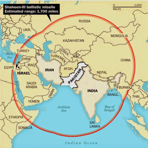 Інфографіка зони покриття, яка начебто доступна пакистанській Shaheen-III, зображення з відкритих джерел