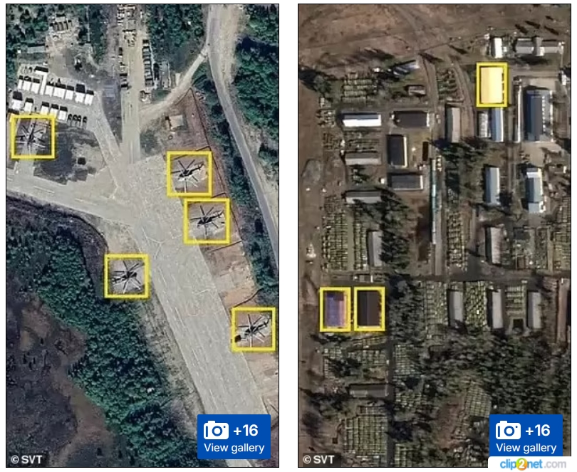 Ліворуч: авіабаза Сєвєроморськ-2 виглядає відремонтованою, на супутникових знімках видно гелікоптери. Праворуч: У Петрозаводську, приблизно за 100 миль від фінського кордону, збудовано три великі склади, які, на думку експертів, призначені для зберігання бронетехніки. Світлина - Dailymail