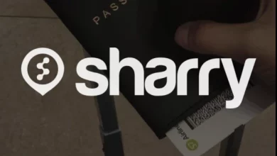 логотип і назва компанії Sharry на фоні валізи, та паспорту із стаканчиком кави