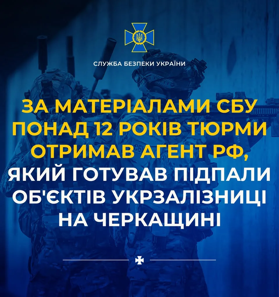 Агент рф, який готував підпали об’єктів Укрзалізниці на Черкащині, отримав понад 12 років тюрми