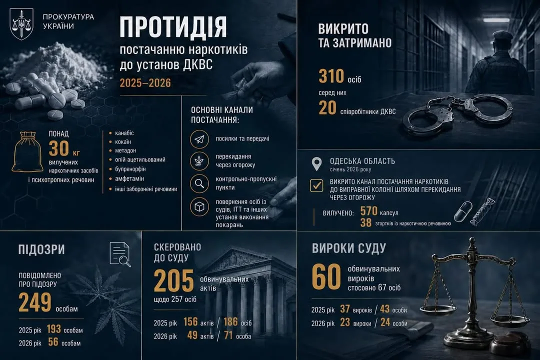 Офіс Генпрокурора звітує про 249 підозр і 60 вироків за постачання наркотиків у колонії