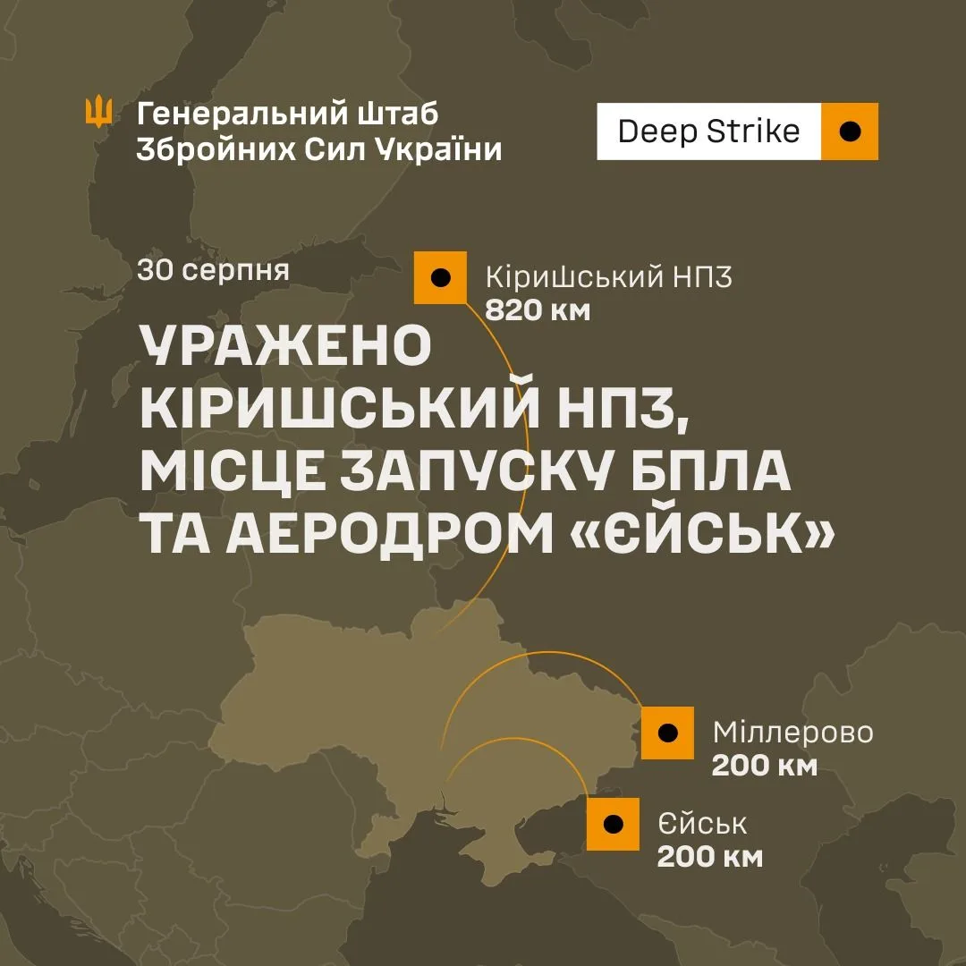 Сили оборони України вразили Кіришський НПЗ, об’єкт БпЛА в Міллерово та аеродром «Єйськ»