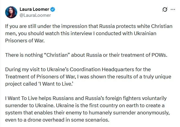 Американська журналістка Лора Лумер закликала військових рф здаватися в полон через проєкт «Хочу жить»