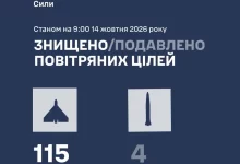 Повітряні Сили: у ніч на 14 жовтня збито та придушено 4 ракети і 115 ворожих БпЛА